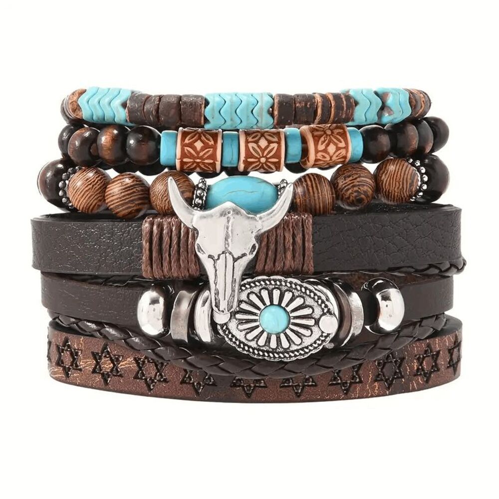 Western Turquoise Concho Bullhead Beaded Layering Bracelets